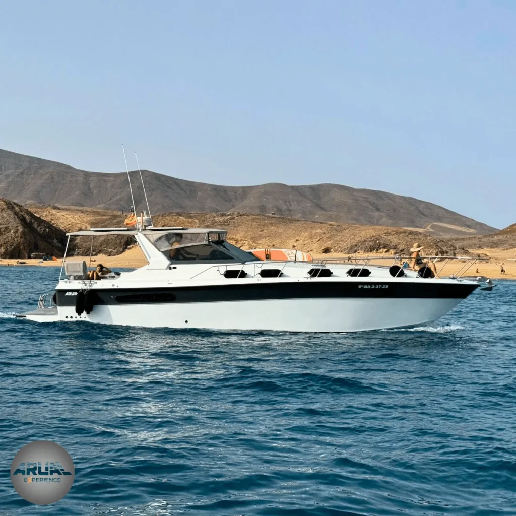 Nuestra Sea Ray ARUAL navegando por la costa sur de Lanzarote, con los clientes relajados y disfrutando de su travesía.