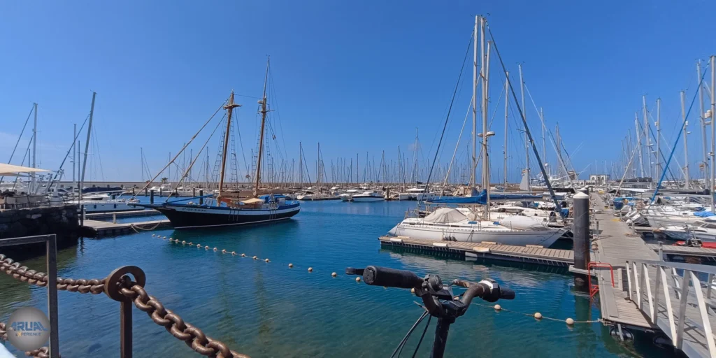 Vista panorámica de Marina Rubicón con nuestro barco ARUAL en el centro del plano, al fondo
